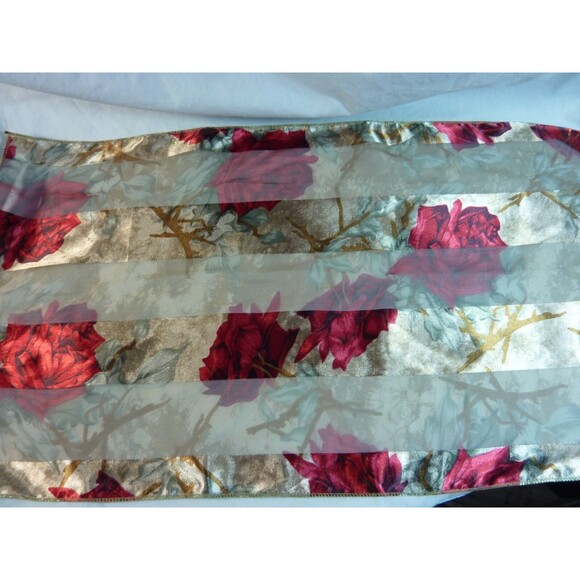 Bronze & Red Rose Silk & Nylon Blend Scarf- Oblong 60" x 13" - Picture 2 of 3